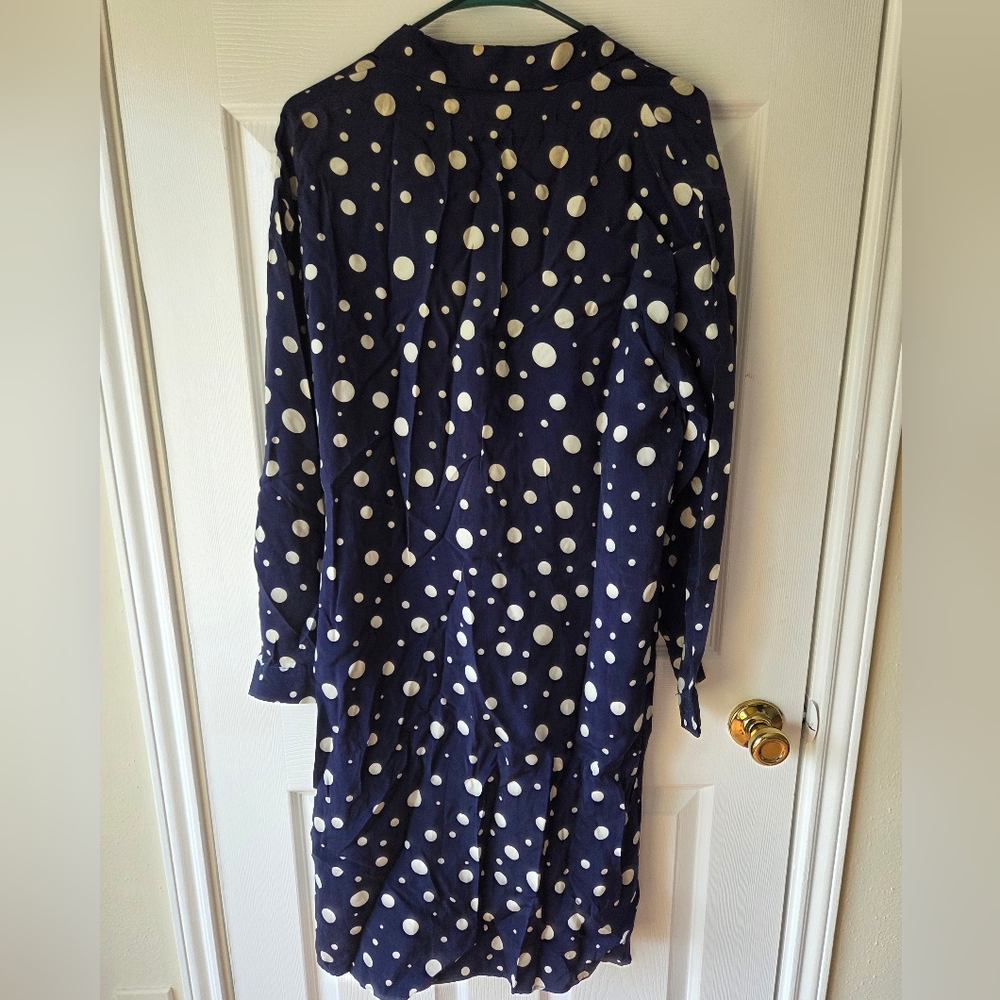 Zara Shirt Dress M Satin Polka Dot Button Down Navy and Cream